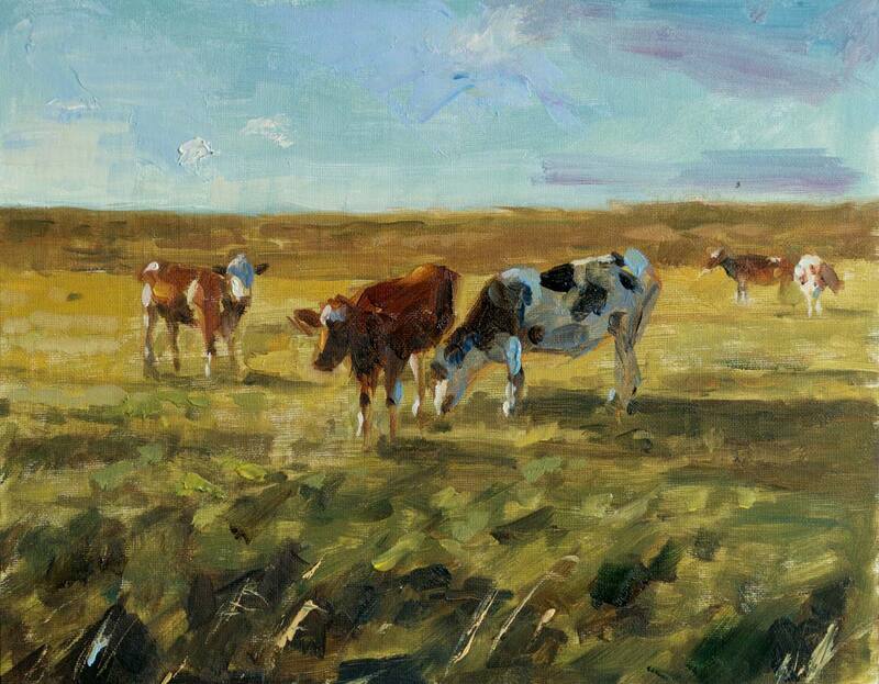 Schilderij van een groep pinken, jonge koeien, in warm avondlicht. 