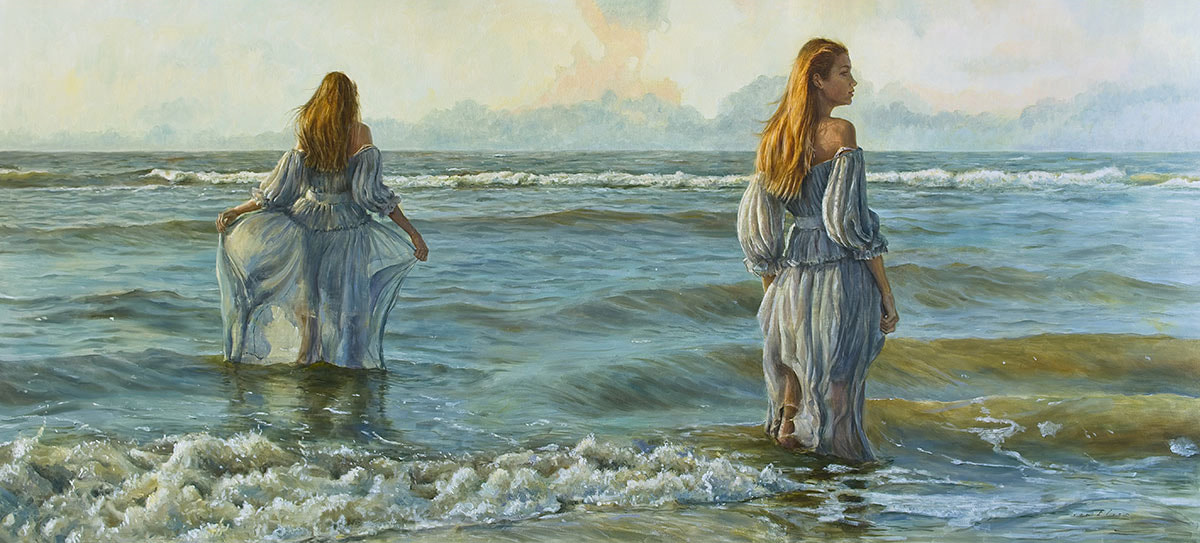 Olieverf schilderij van 2 vrouwen in een lange jurk, badend in de zee. Te zien bij Galerie Bonnard in Nuenen